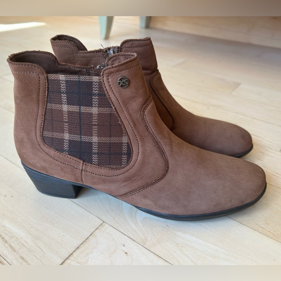 HARTJES Women’s Brown Leather/Plaid Inset Side Zip Ankle Boots Size 9 - Picture 1 of 16